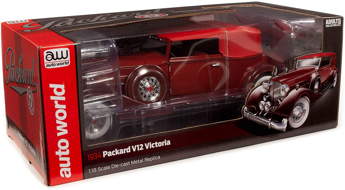 AUTOWORLD 1/18 1934 PACKARD V12 VICTORIA BURGUNDY & RED DIECAST MODEL