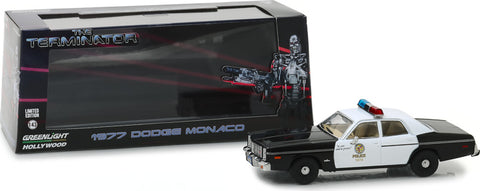 1/43 scale diecast model of 1977 Dodge Monaco Metropolitan Police Black and White "The Terminator" (1984) Movie die cast model car by Greenlight.