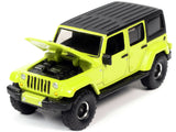 Auto World - 1/64 Sport Utility 2021 - 2017 Jeep Wrangler Sahara Unlimited with Off-Road Wheels Hyper Green with Matt Black Top.