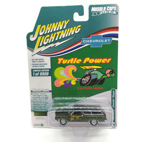 AUTO WORLD JOHNNY LIGHTNING JLSP173A 1:64 MUSCLE CARS 1965 TURTLE WAX CHEVROLET CHEVELLE WAGON (GREEN METALLIC LOWER W/GLOSS BLACK UPPER & TURTLE WAX GRAPHICS) B7/A4/A3
