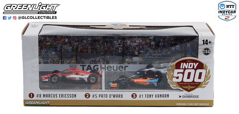 1/64 INDYCAR 3 CAR SET 11545 | 1:64 2022 Indianapolis 500 Podium 3-Car Set - #8 Marcus Ericsson, Chip Ganassi Racing / Huski Chocolate, #5 Pato O'Ward, Arrow McLaren SP / Arrow, #1 Tony Kanaan, Chip Ganassi Racing / American Legion