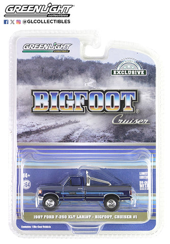Greenlight 1:64 1987 F-250 XLT Lariat Pickup Truck Blue with Stripes and Blue Interior Bigfoot Cruiser #1" "Hobby Exclusive Series 1/64 Diecast Model Car by Greenlight 30433