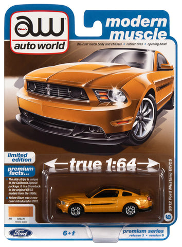 Autoworld 1:64 2012 Ford Mustang GT/CS-Yellow Blaze W/Black Side Stripes AWSP112B
