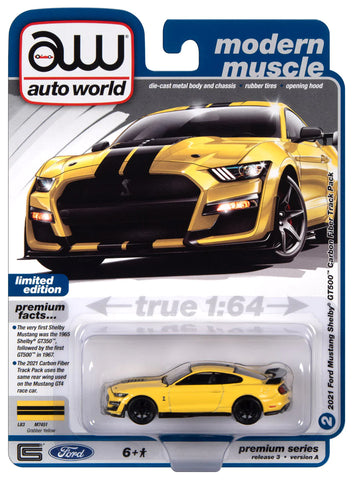 Autoworld AWSP136A 1/64 2021 Ford Mustang Shelby GT500 Carbon Edition Track - Grabber Yellow With Twin Upper Black Stripes