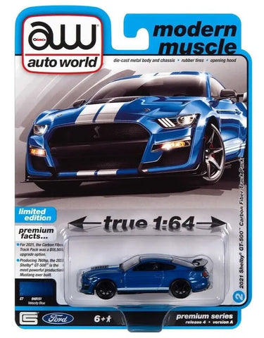 AUTO WORLD AWSP114A 1:64 2021 SHELBY GT500 CARBON EDITION (VELOCITY BLUE WITH TWIN WHITE STRIPES ON HOOD) B7/A3