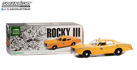 Greenlight 1/18 scale die-cast car model of 1978 Dodge Monaco Taxi "City Cab Co." Yellow "Rocky III" (1982) Movie