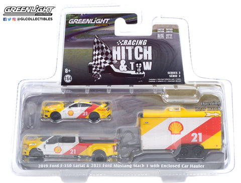 1/64 scale Racing Hitch & Tow Series 3 - 2019 Ford F-350 Lariat and 2021 Ford Mustang Mach 1 Shell Oil #21 with Enclosed Shell Oil Car Hauler by Greenlight.
