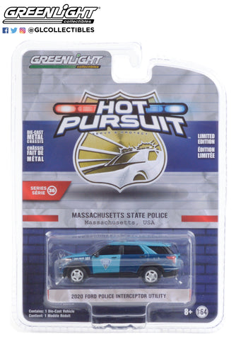 Greenlight 1: 64 Hot Pursuit Series 36-2020 Ford Police Interceptor Utility Blue "Massachusetts State Police".