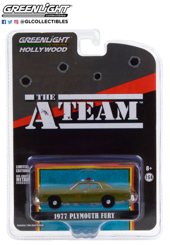Brand new 1/64 scale diecast car model of 1977 Plymouth Fury "U.S. Army Police" Army Green "The A-Team" (1983-1987) TV Series "Hollywood Special Edition" die cast model car by Greenlight.