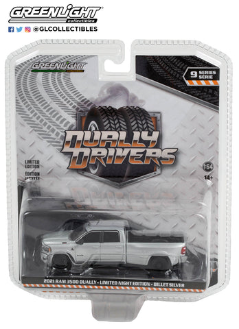 Greenlight 1/64 Dually Drivers- 2021 Ram 3500 Dually - Limited Night Edition - billet Silver