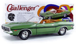 Greenlight 1/18 scale diecast car model of 1970 Dodge Challenger R/T Convertible F8 Green Metallic with Black Stripes and Deluxe Wheel Covers die cast model