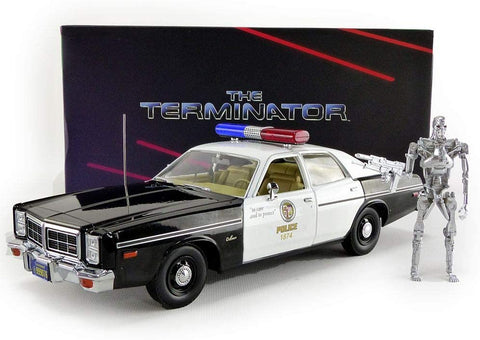 Greenlight Collectibles - 1:18 Artisan Collection - The Terminator(1984) - 1977 Dodge Monaco Metropolitan Police with T-800 Endoskeleton Figure