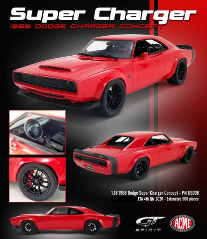 1/18 SCALE GT-SPIRIT USA- 1968 DODGE SUPER CHARGER CONCEPT  RED WITH BLACK TAIL