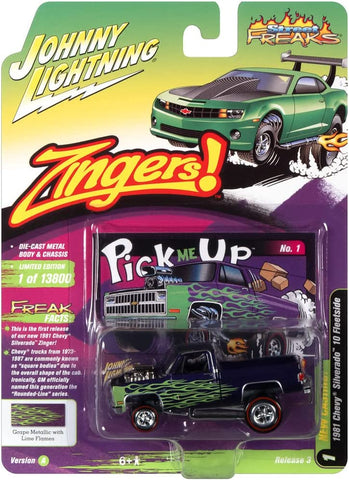 Auto World 1/64 "Street Freaks" 2021 Set A Release 3 - 1981 Chevrolet Silverado 10 Fleet Side in Metallic Purple with Green Flames - Zingers