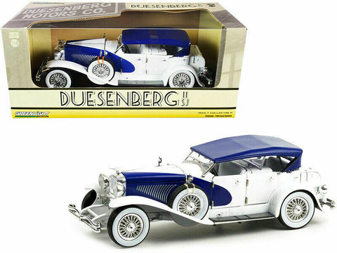 Greenlight 1/18 scale die-cast car model of Duesenberg II SJ Blue and White with White Interior