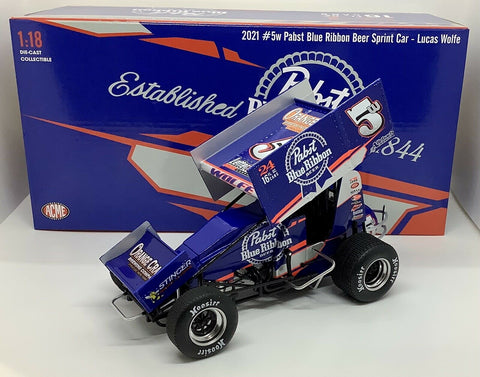 Acme 1/18 2021 Winged Sprint Car - Lucas Wolfe #5w Pabst Blue Ribbon Beer Sprint Car