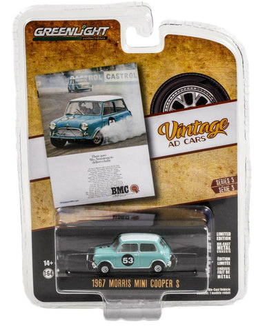 1967 MORRIS MINI COOPER S 53 BLUE VINTAGE AD CARS 1/64 MODEL GREENLIGHT 39080 B