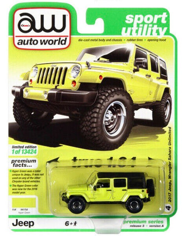 Auto world 1/64 Sport Utility 2021 - 2017 Jeep Wrangler Sahara Unlimited with Off-Road Wheels Hyper Green with Matt Black Top.