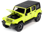 Auto world 1/64 Sport Utility 2021 - 2017 Jeep Wrangler Sahara Unlimited with Off-Road Wheels Hyper Green with Matt Black Top.