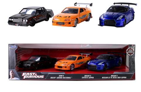 Jada 1:32 Three Car set - Fast And Furious, Dom's Buick, Brian's Toyota Supra and Brian's Nissan GT-R (R35)