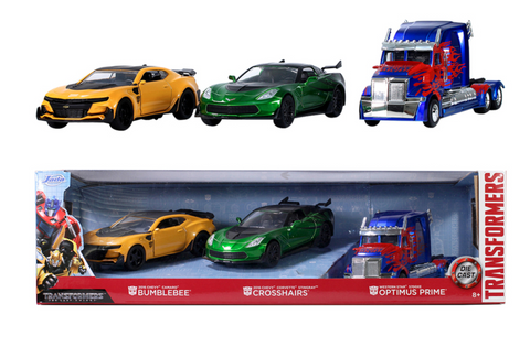 Jada 1:32 Die-Cast Three Car Set - Transformers- Bumblebee, Crosshairs and Optimus Prime.