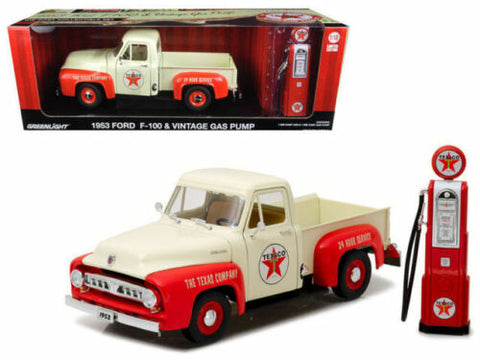 1953 Ford F-100 Pickup Truck Texaco & Vintage Gas Pump 1/18 by Greenlight